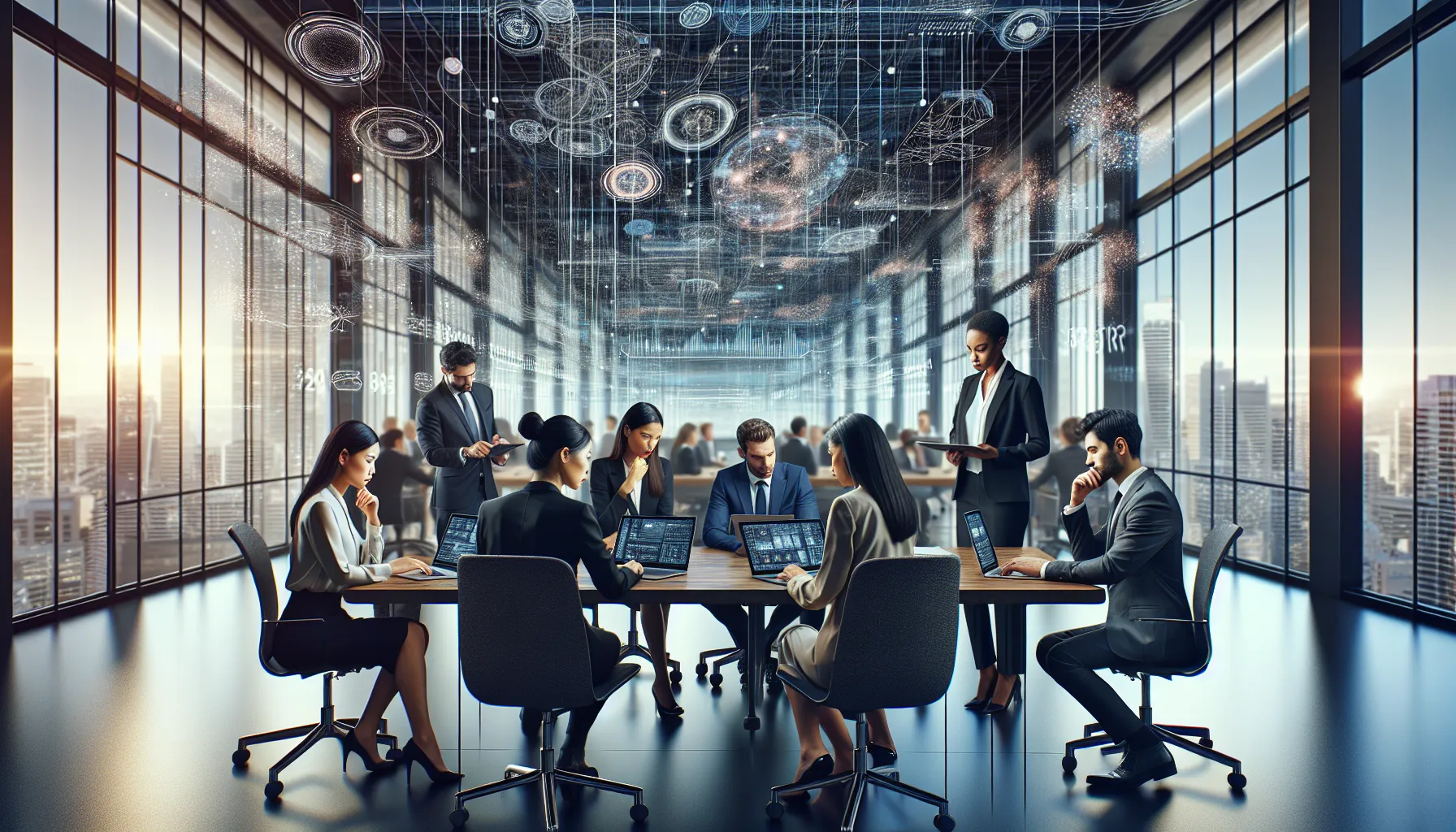 diverse team collaborating in a modern office setting with digital data displays.