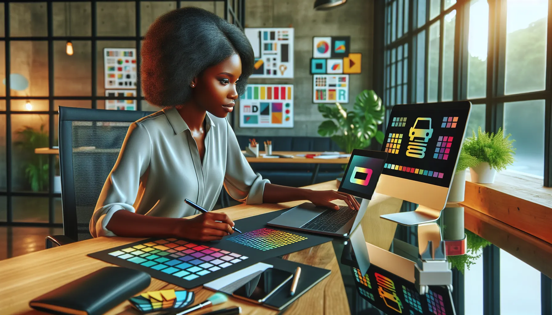 A designer customizing an Uber icon in a modern office.