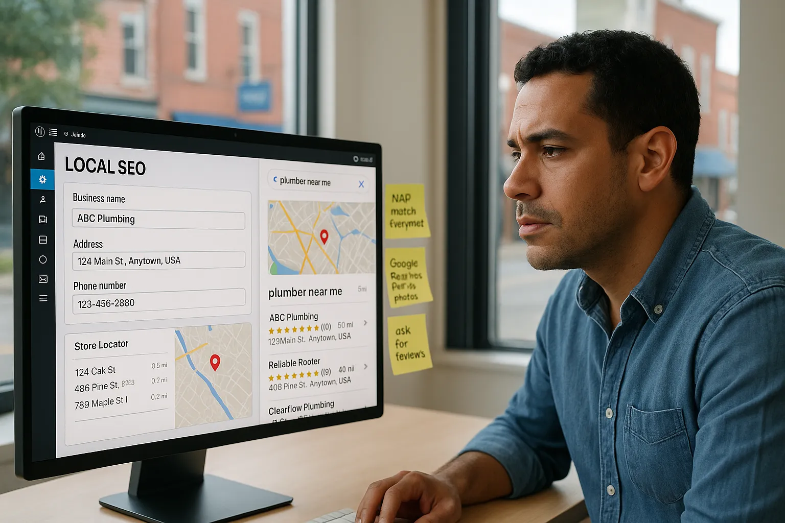 Small business owner optimizing local SEO on a computer with map-based search results.