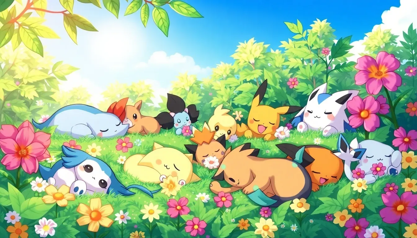 diverse Pokémon resting in a tranquil forest.