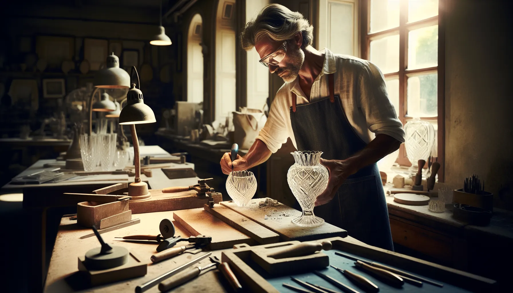 an artisan hand-cutting a crystal vase in a bright workshop.