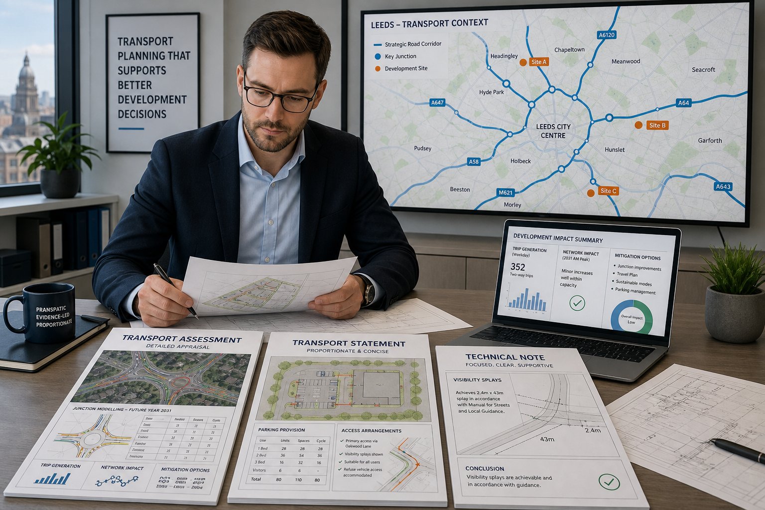 Traffic engineer reviewing Leeds development transport reports in a modern office.