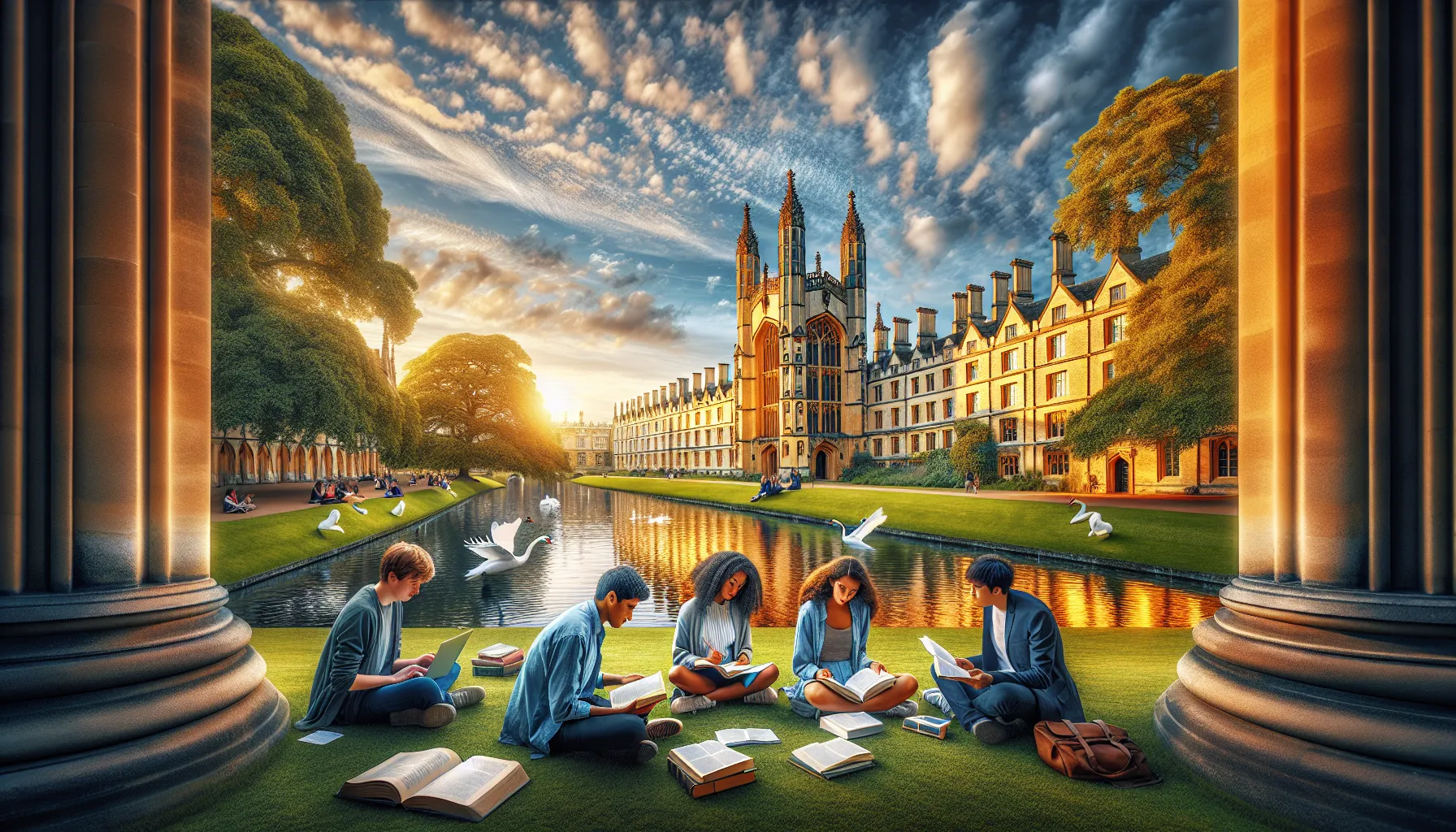 students studying on the lawn at Cambridge University, with King's College in view.