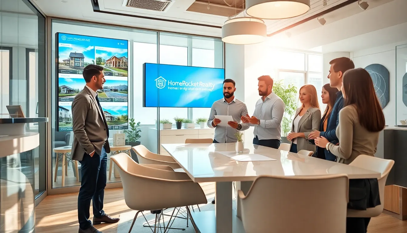 diverse team discussing real estate in a modern office.