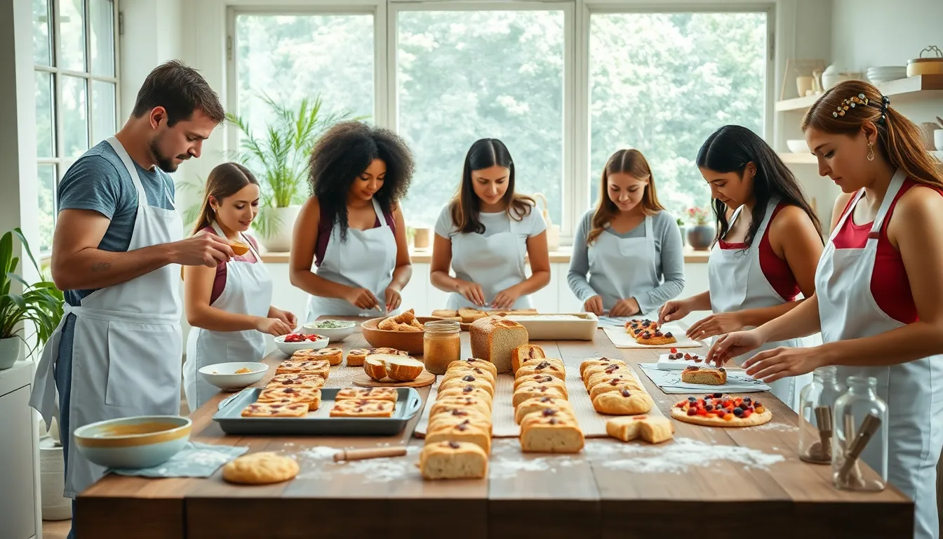 diverse bakers preparing bread cookies in a modern kitchen.