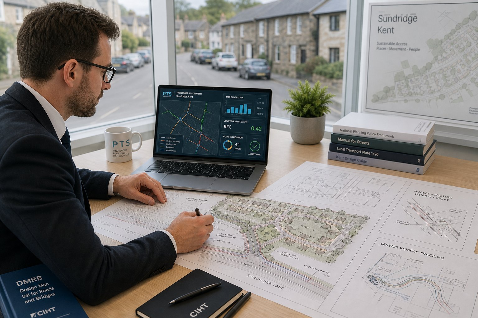 Traffic engineer reviewing village development plans and road access details in a modern office.