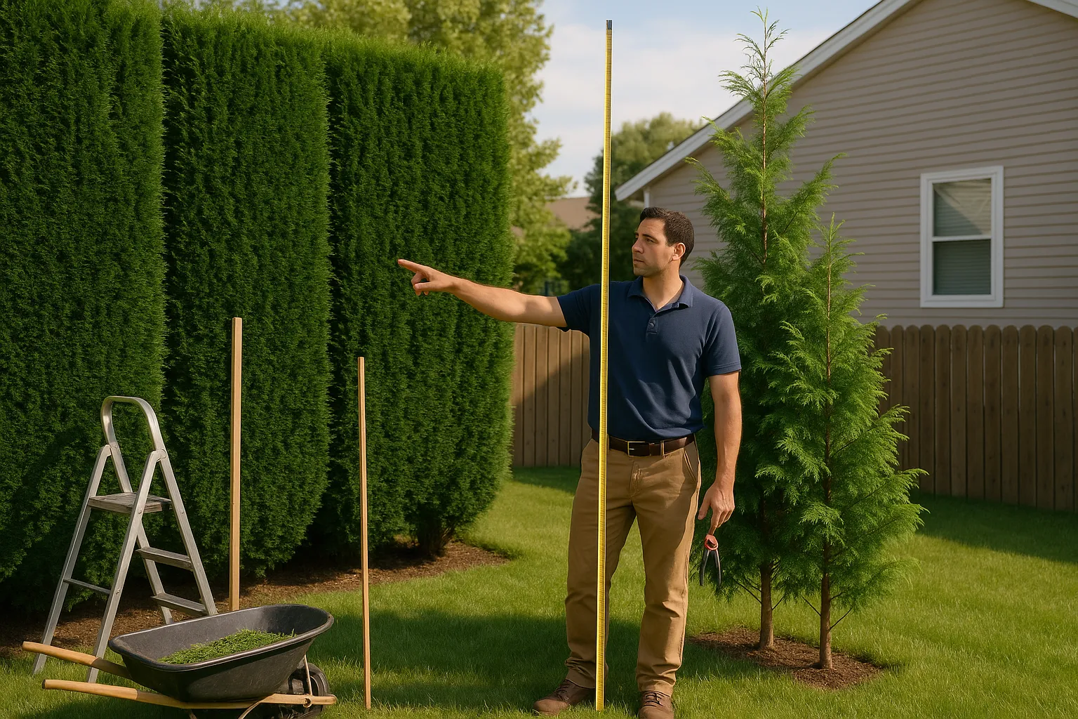 landscaper comparing tall Leylandii hedge and shorter Western Red Cedar hedge