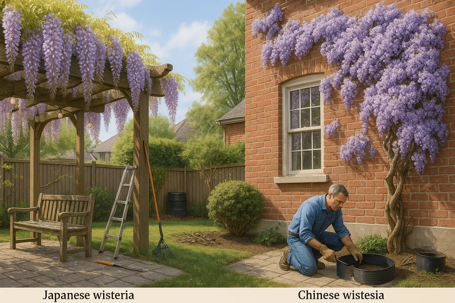 Pergola draped with floribunda and brick wall cloaked in sinensis wisteria, gardener installing root barrier.