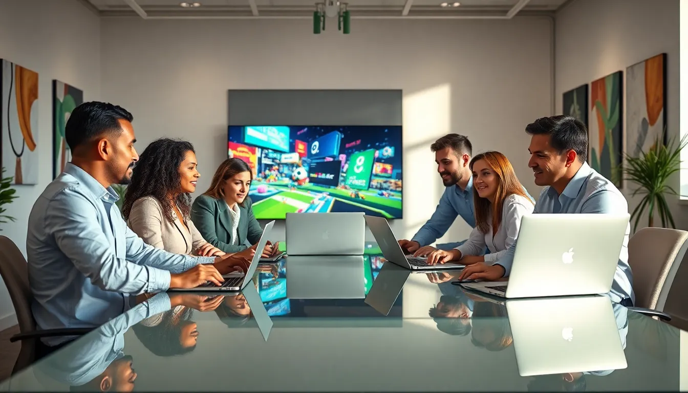 diverse team collaborating on game development in a modern office.