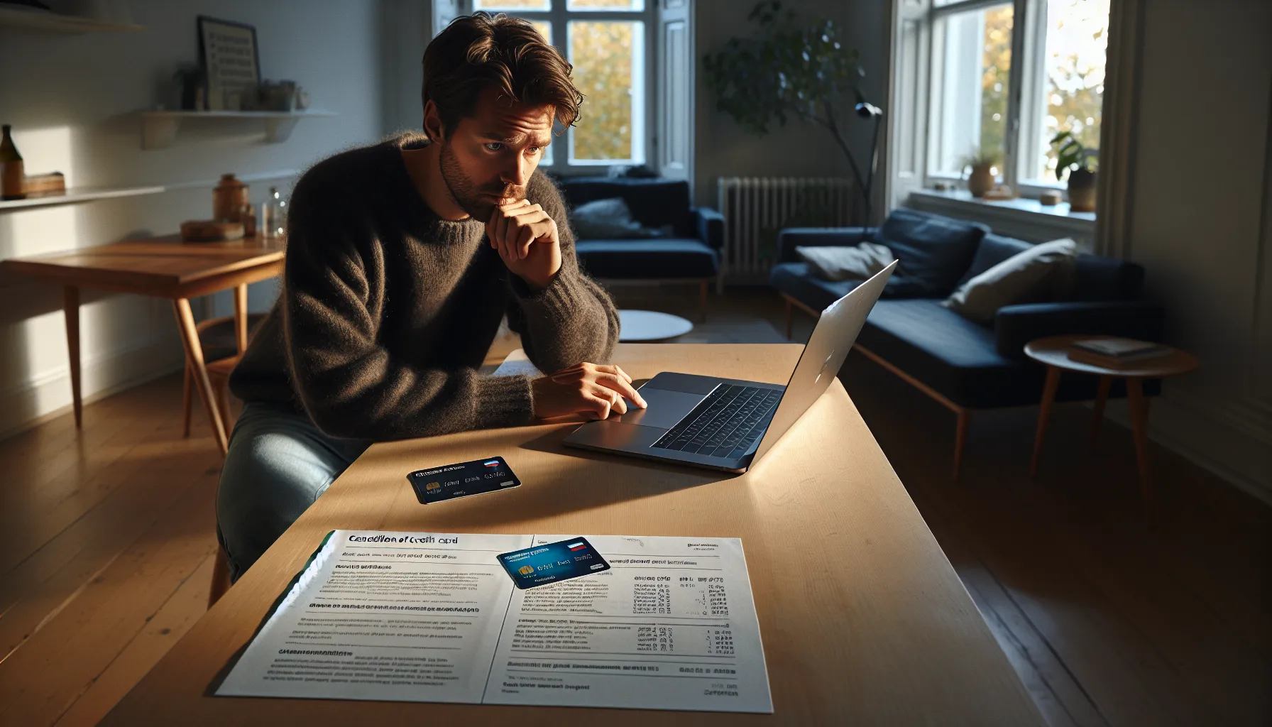 Norwegian man reviewing credit card terms at home with an unused card on table.