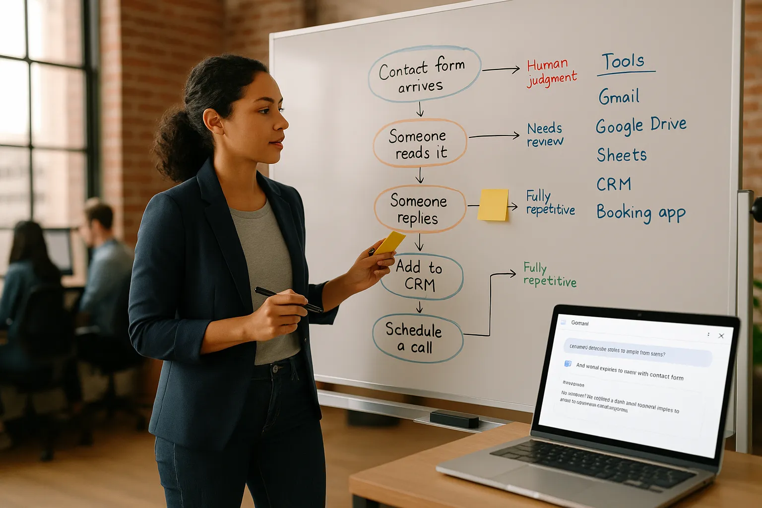 Professional mapping workflow on a whiteboard before automating tasks with Gemini AI.