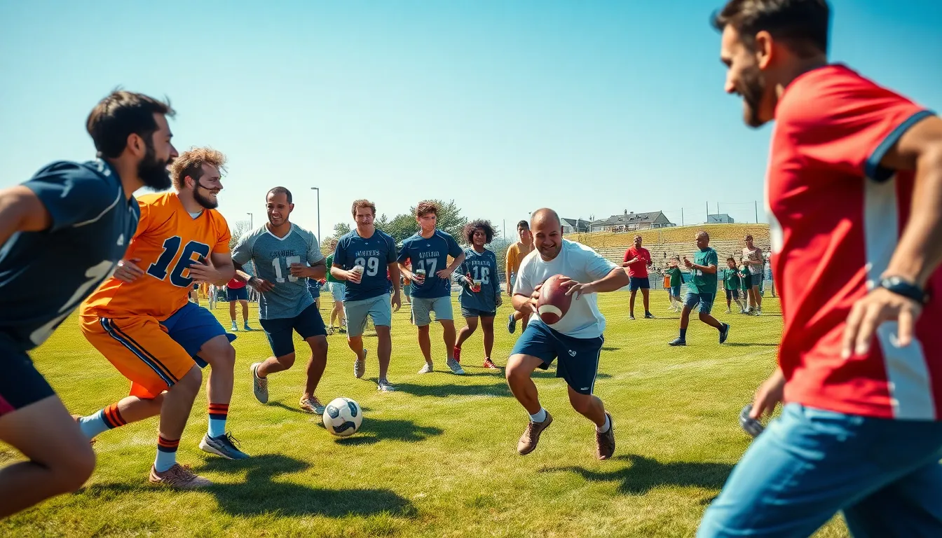 diverse football players competing in a community match on a sunny field.