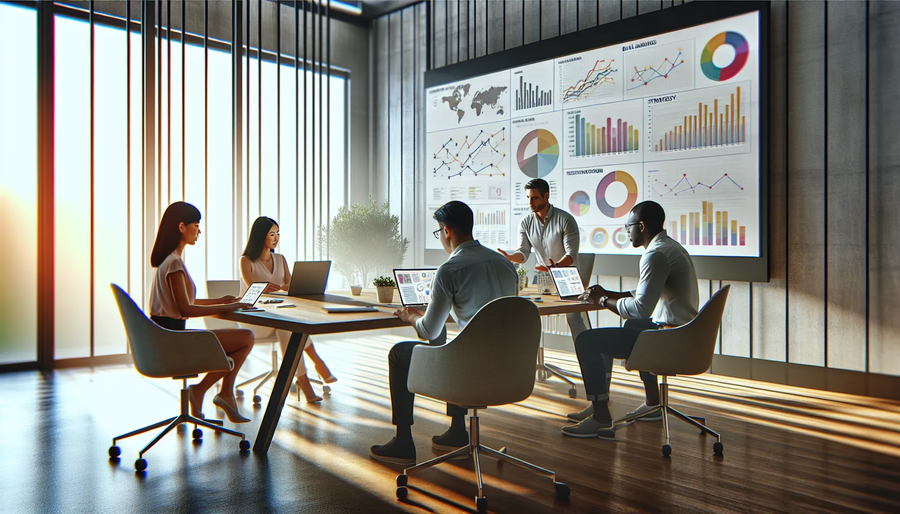 team discussing digital branding strategies in a modern office.
