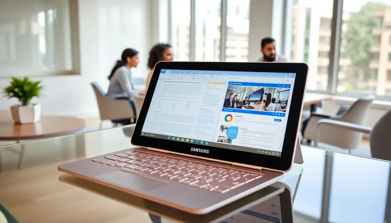 Samsung tablet with keyboard in modern office with professionals collaborating.