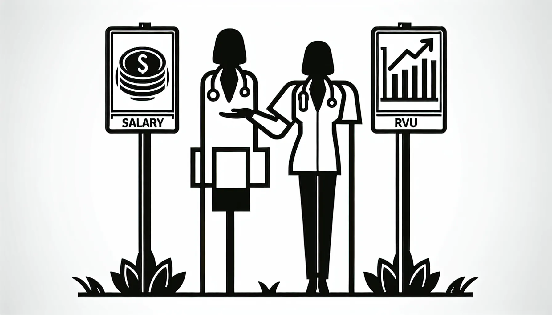 Physician gesturing to a three-panel signpost labeled Salary, RVU, Hybrid.