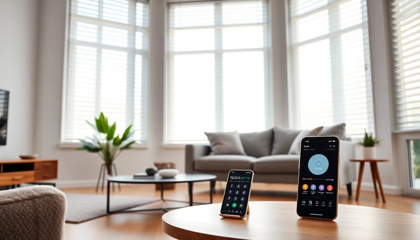 a modern living room with smart blinds and a smartphone controller.