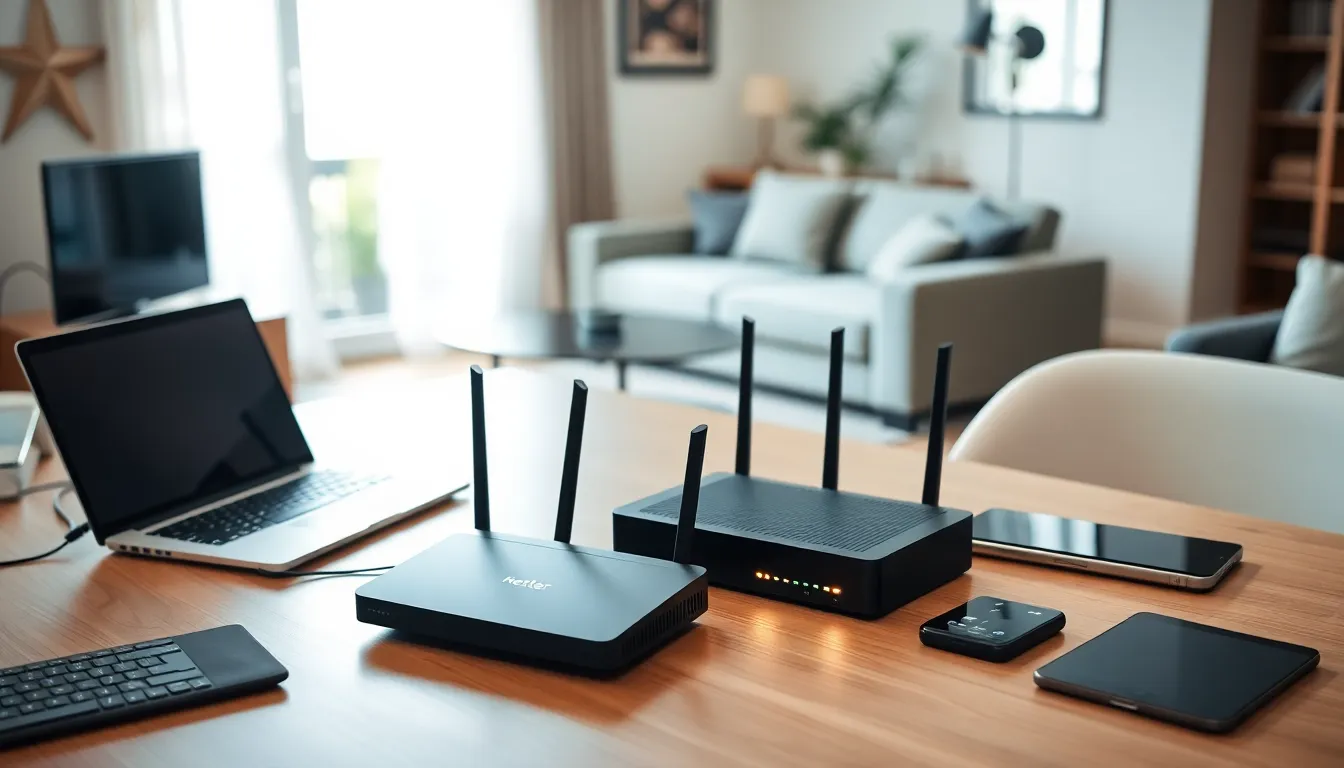 modern home workspace with networking devices and connected gadgets.