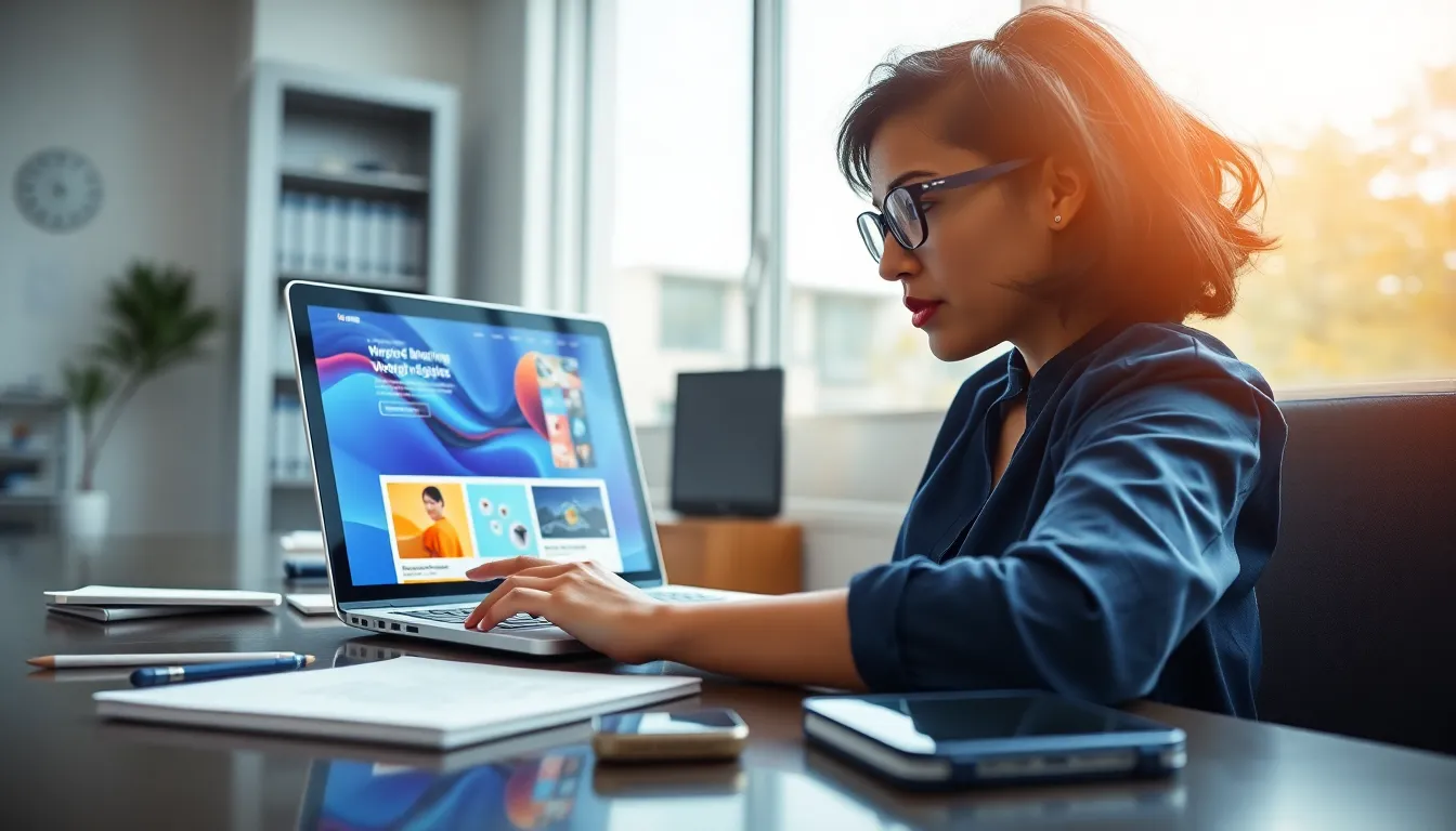 a web designer showcasing responsive website design in a modern office.