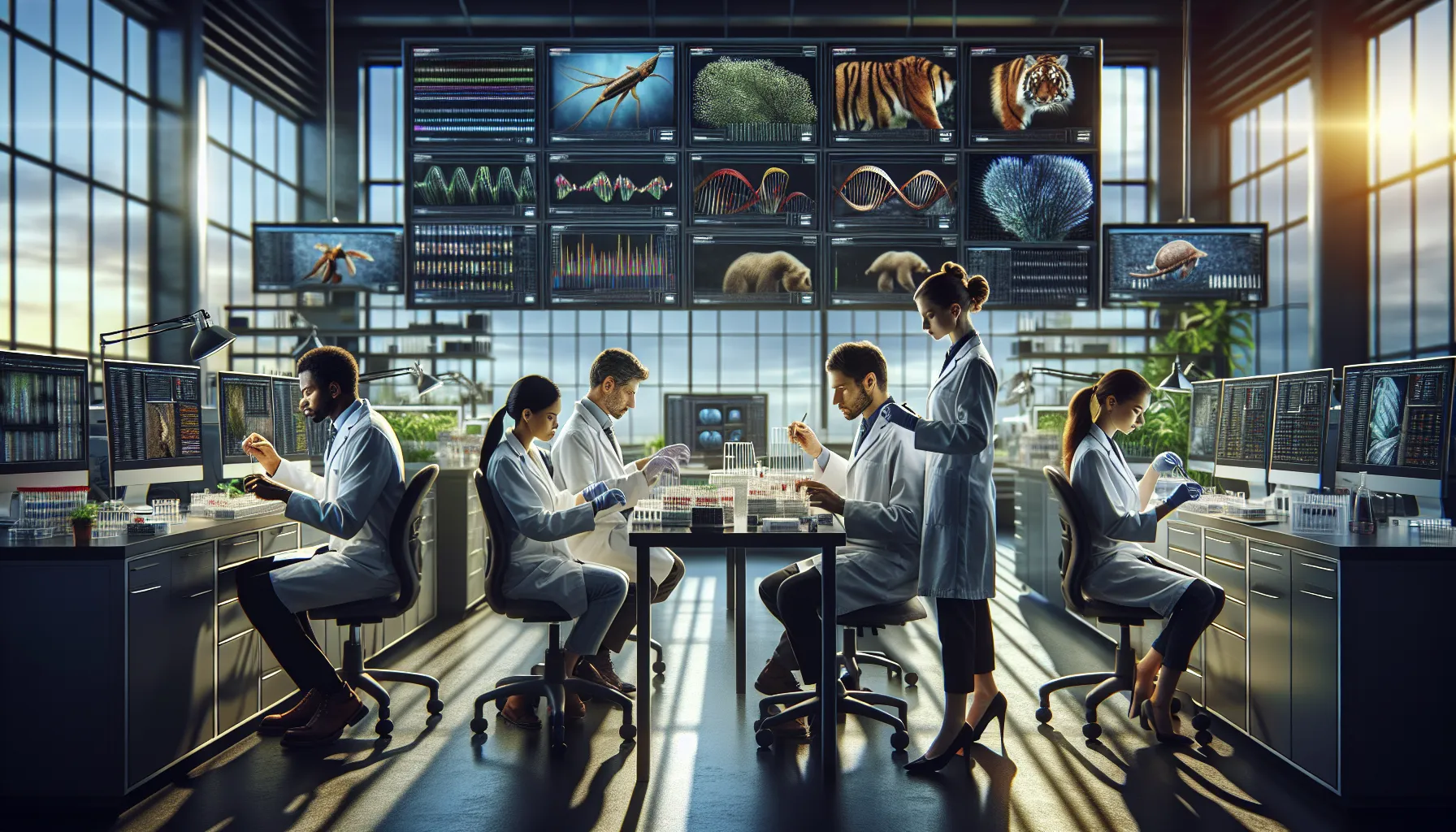 scientists analyzing DNA samples in a modern lab.