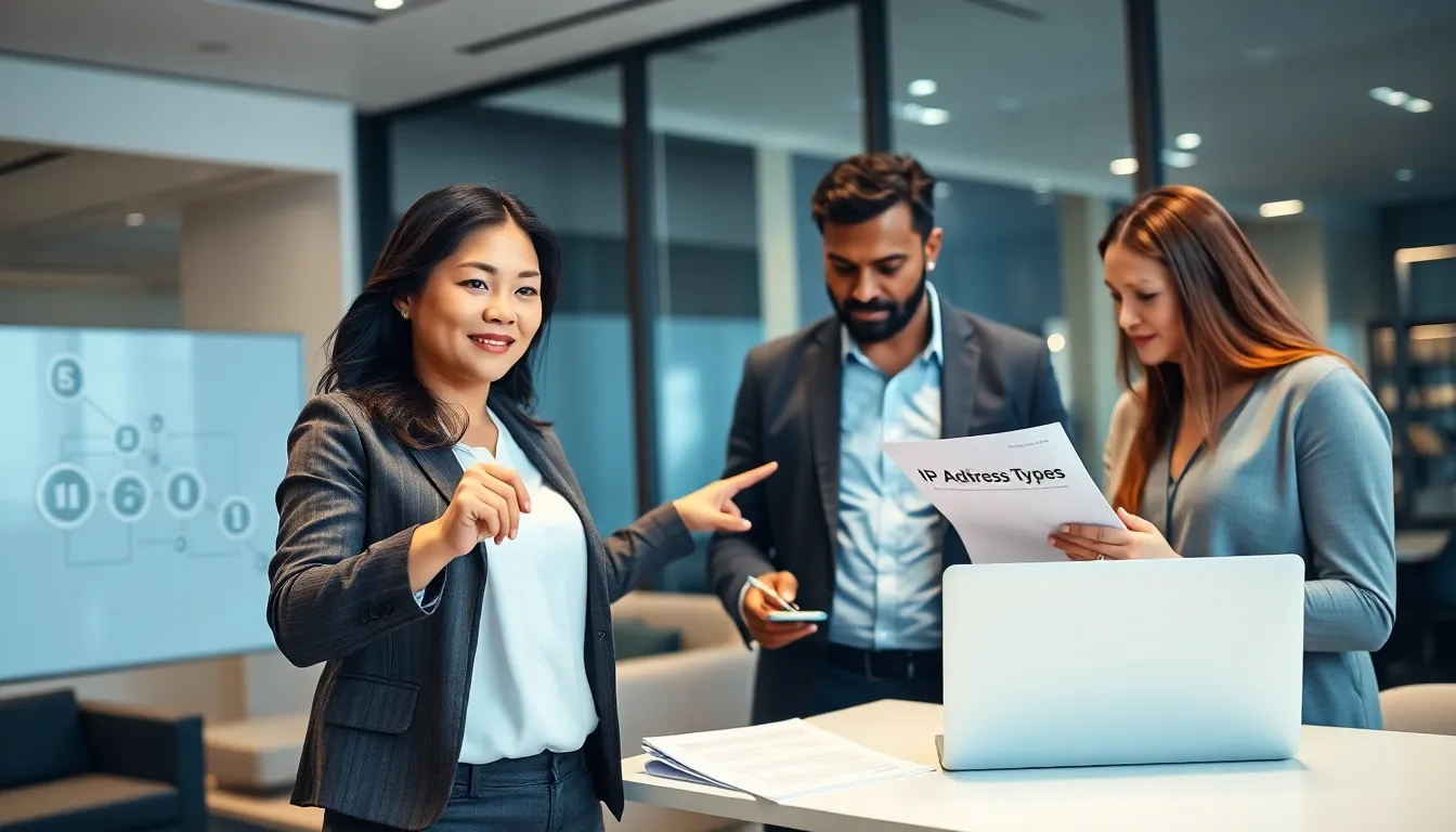 diverse professionals discussing IP addresses in a modern office.