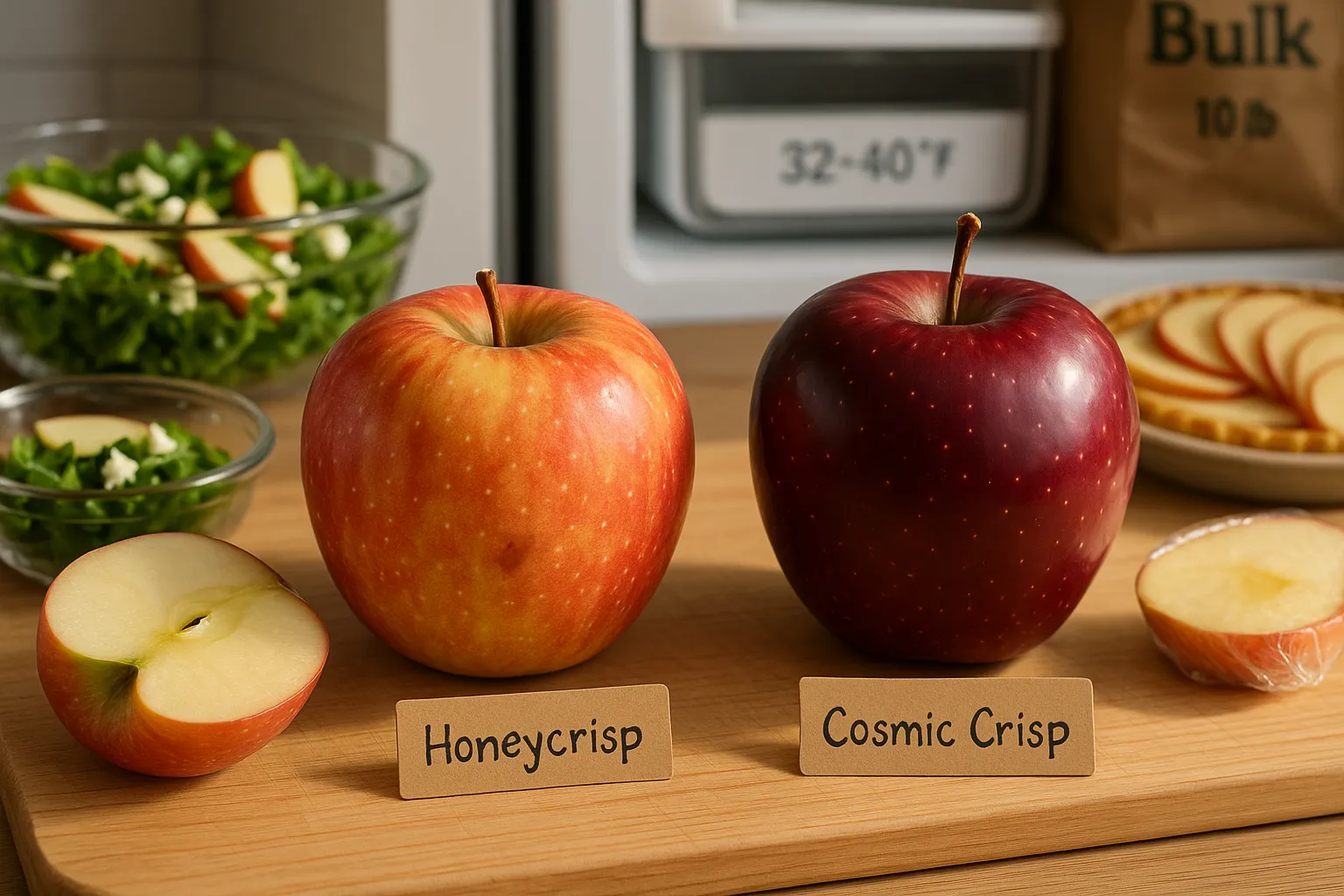 Honeycrisp and Cosmic Crisp apples on a cutting board with salad and tart