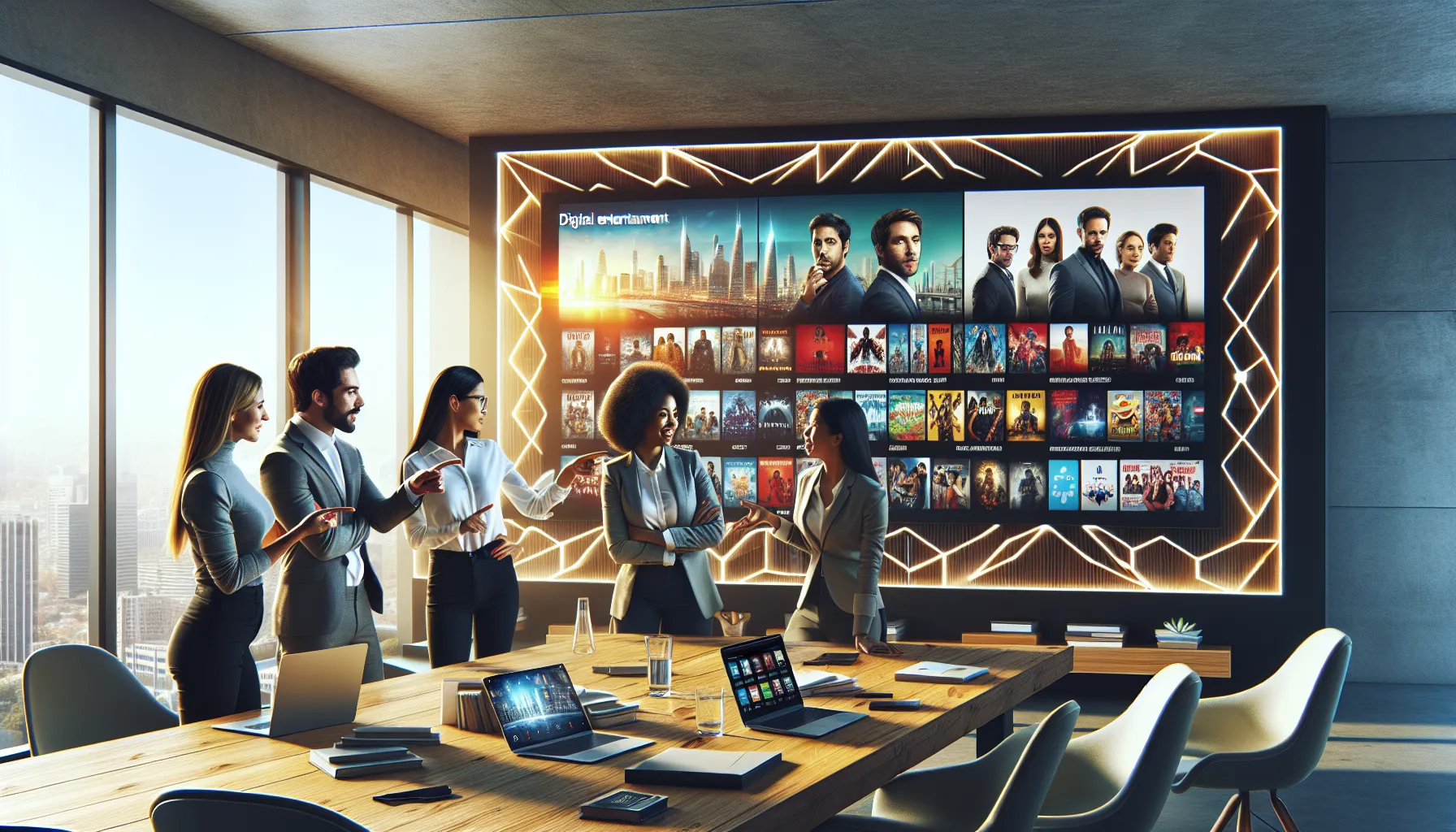 professionals discussing Filmywap.com in a modern office setting.