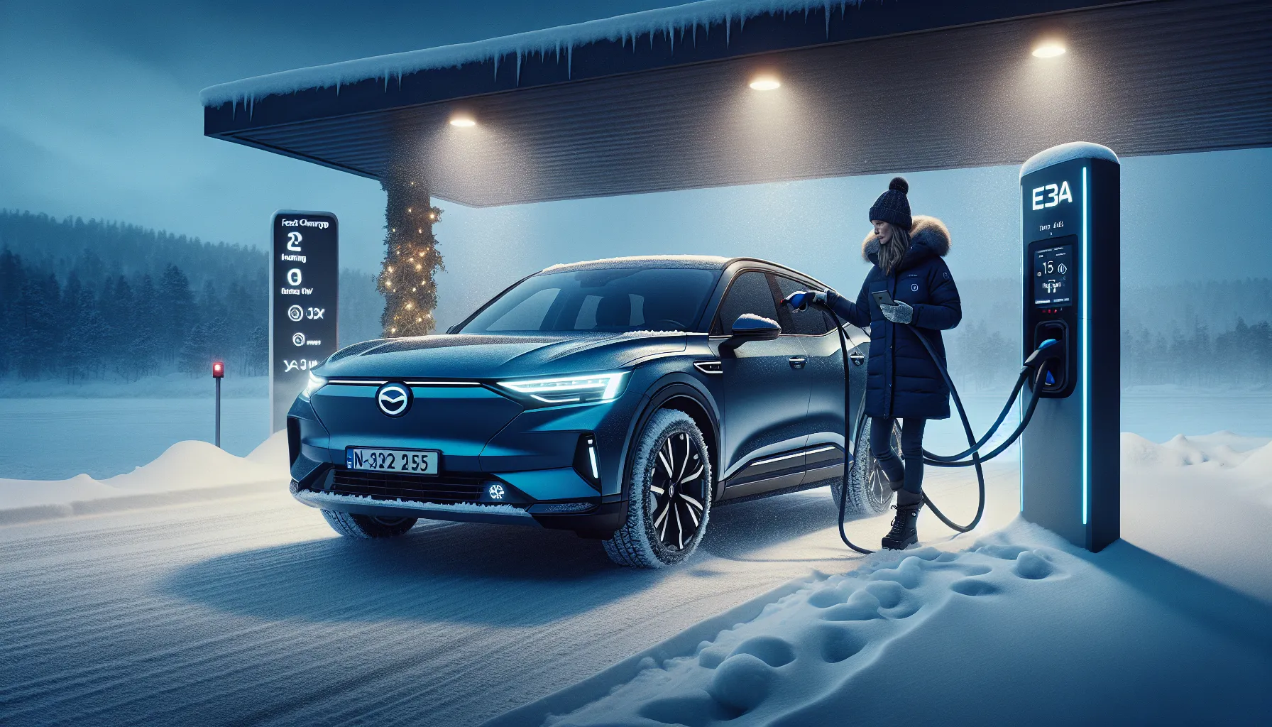 Electric suv fast-charging in snowy norway with preconditioning and winter gear visible.