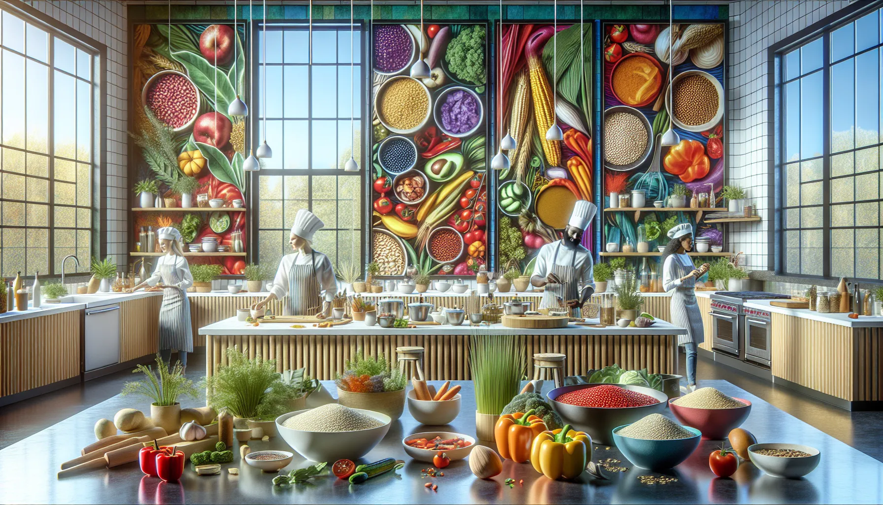 diverse group preparing healthy Cwbian dishes in a bright kitchen.