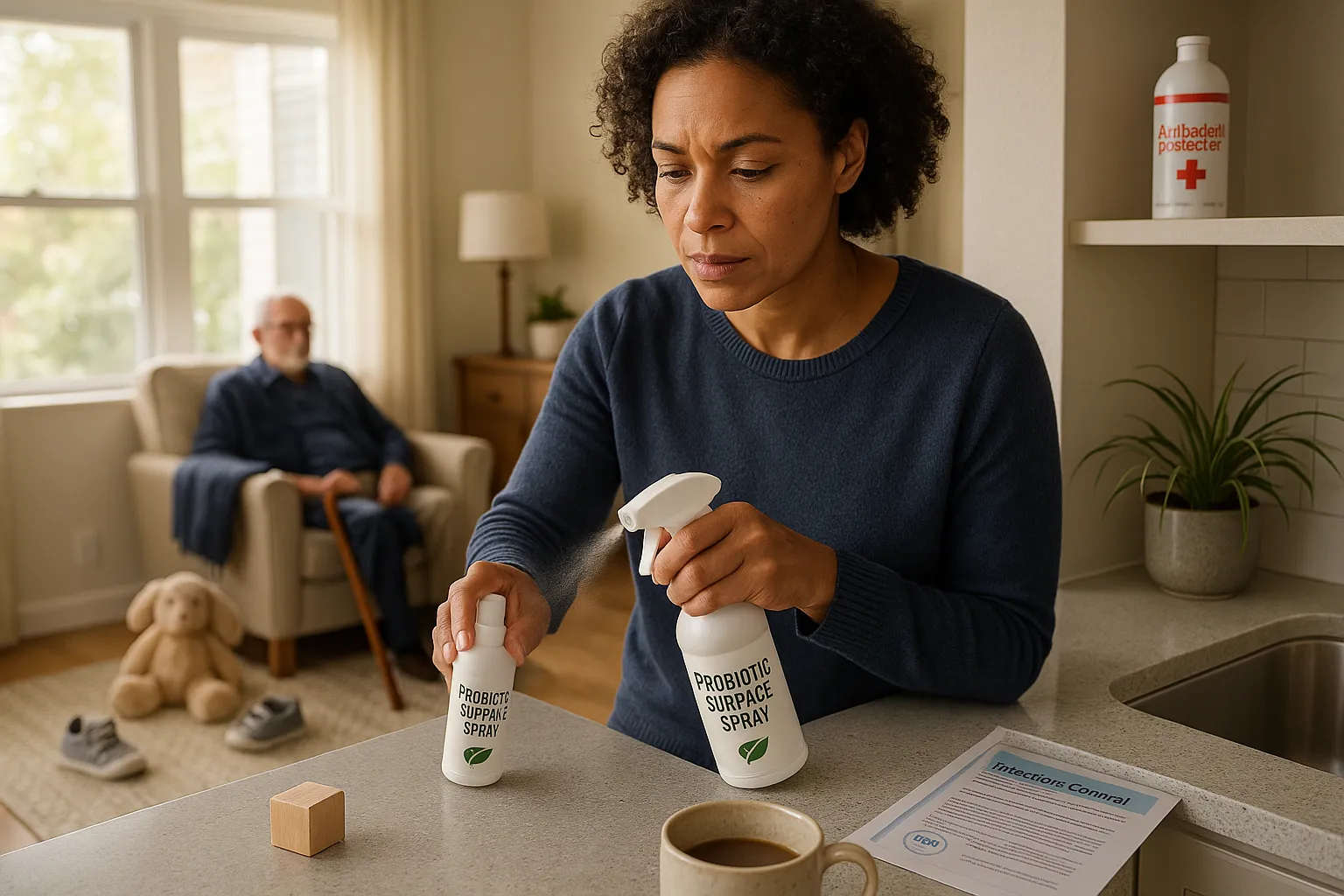 Woman applying probiotic spray on countertop with toddler items and cane nearby.