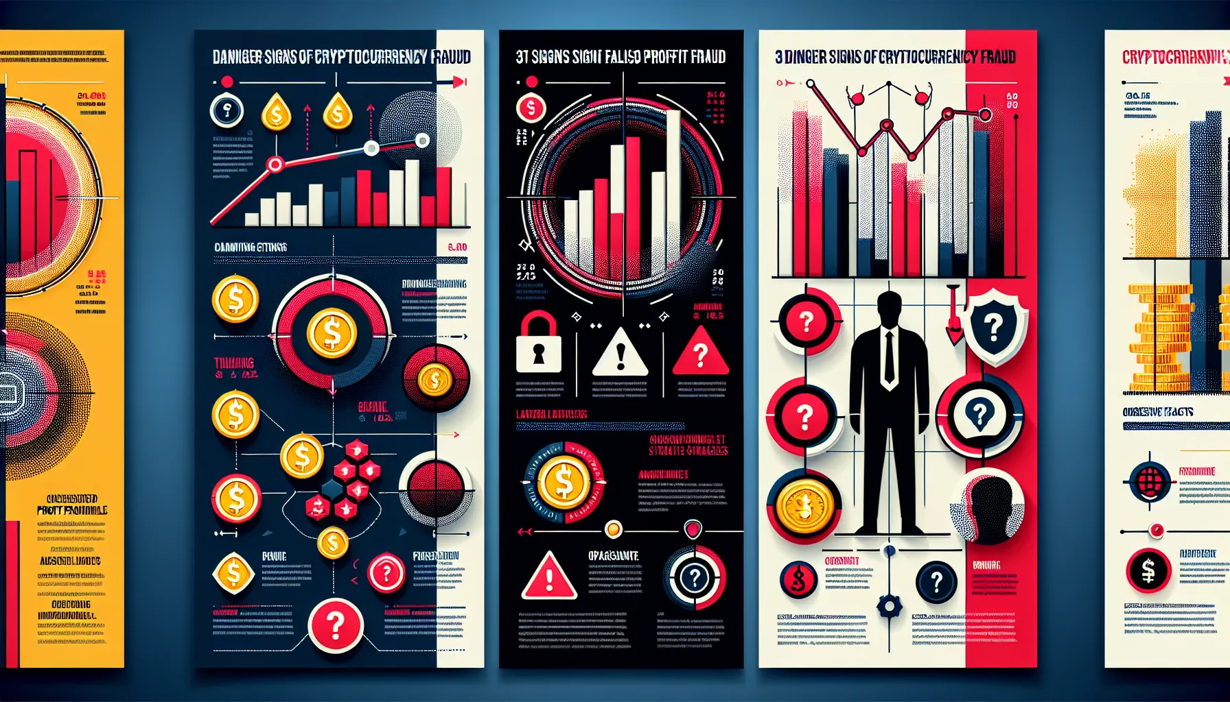 Three-panel infographic showing crypto scam red flags: false profits, urgency tactics, and hidden information.