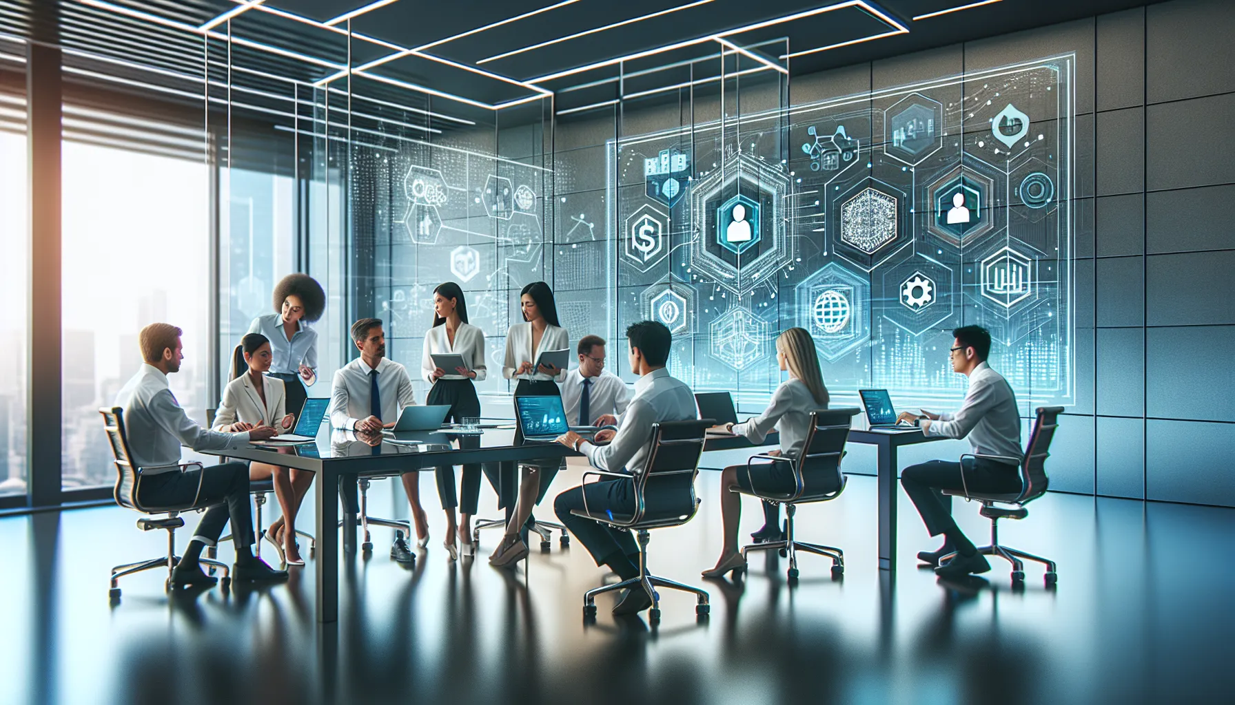 diverse professionals collaborating on technology innovations in a modern office.