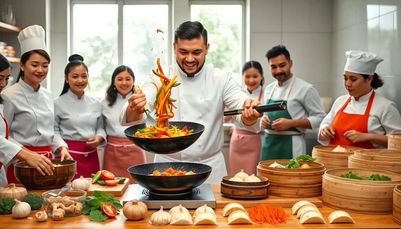 chefs cooking traditional Chinese dishes in a modern kitchen.