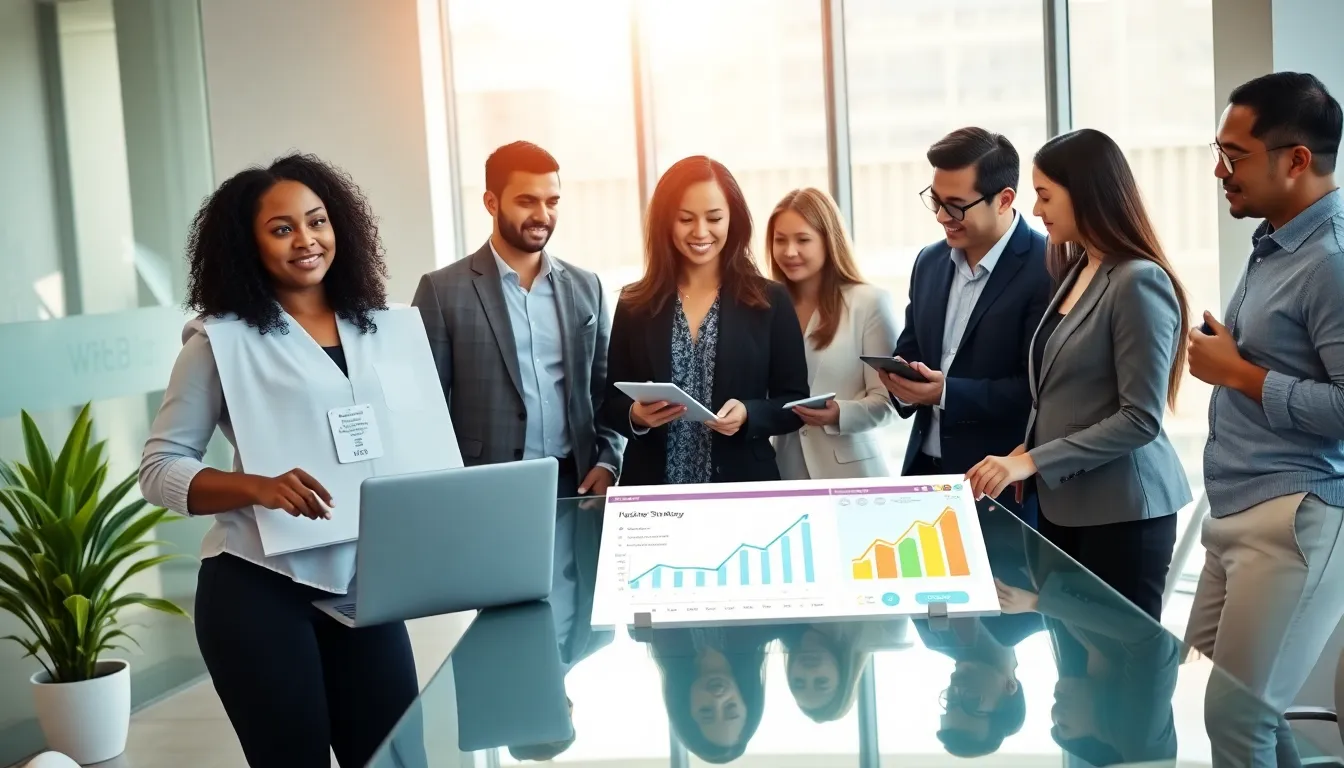 diverse team collaborating in a modern office on digital marketing strategies.