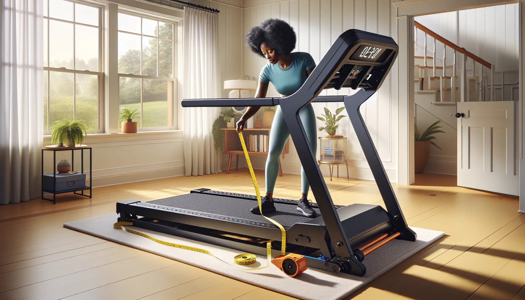 Woman measuring a folding treadmill deck in a sunlit living room.