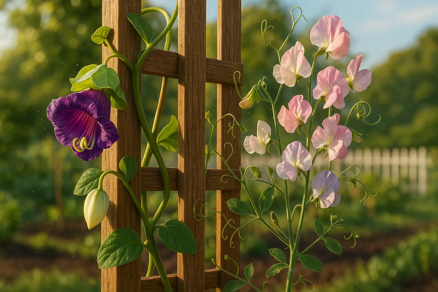 Cobaea bell flowers and sweet peas twining together on a wooden trellis.