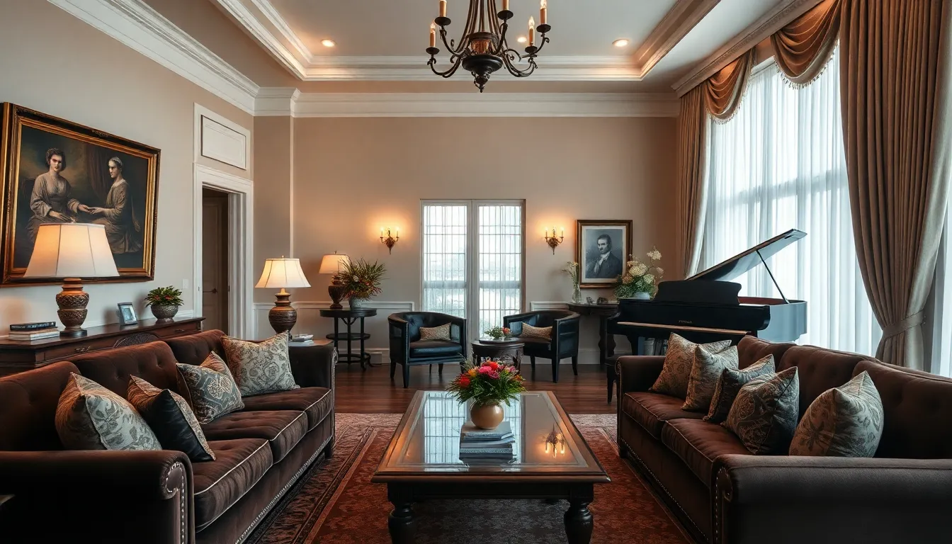 elegant formal living room with plush seating and art decor.