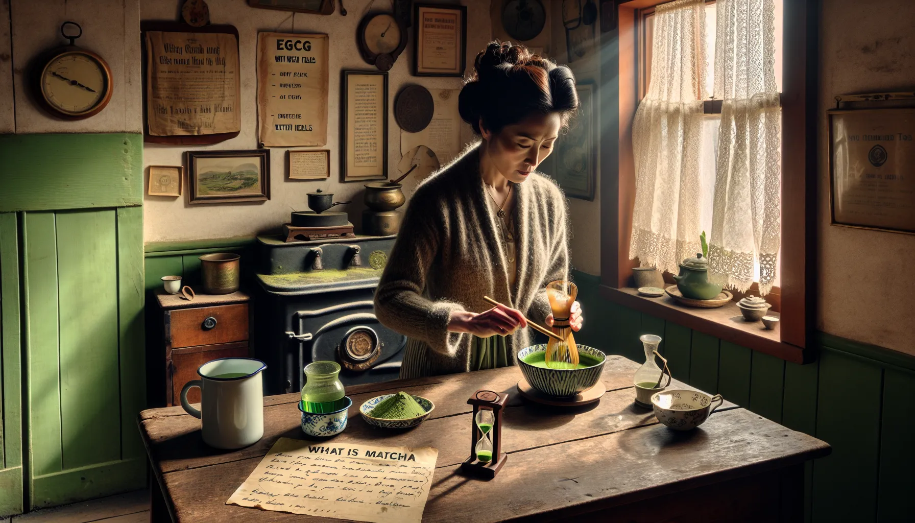 1950s Irish kitchen scene of matcha whisking, health notes, and calm ritual.