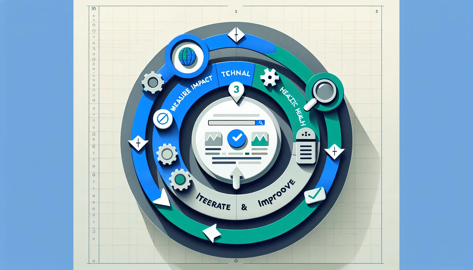 Circular diagram of UK-focused SEO measurement, technical fixes, and iterative optimization.