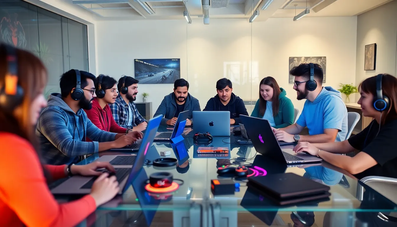 diverse group of gamers collaborating in a modern workspace.
