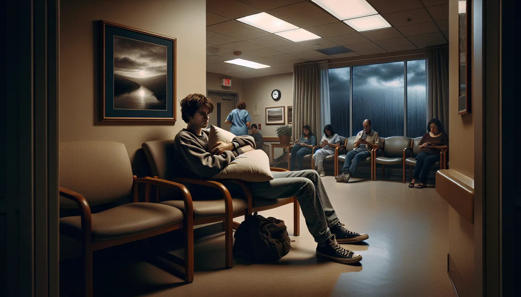 A worried woman and boy wait in a hospital room, highlighting emotional stress.