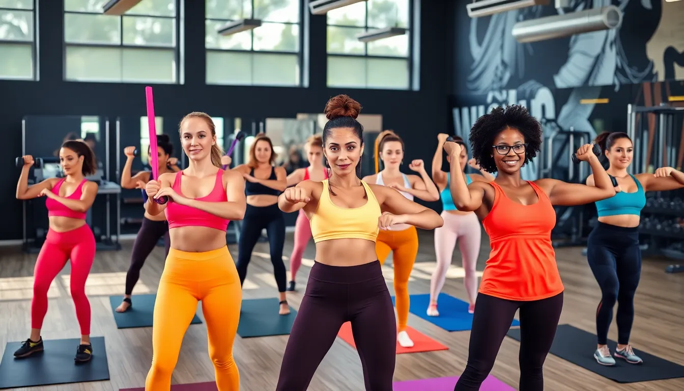 diverse women participating in a full body workout in a gym.