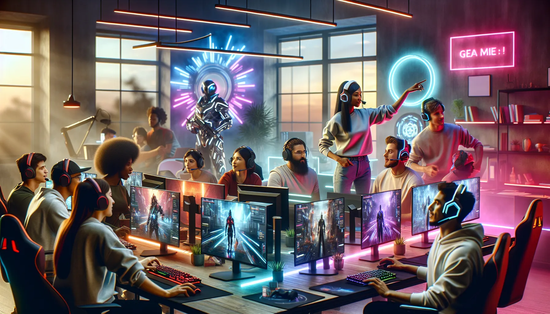 diverse gamers collaborating in a modern gaming setup.