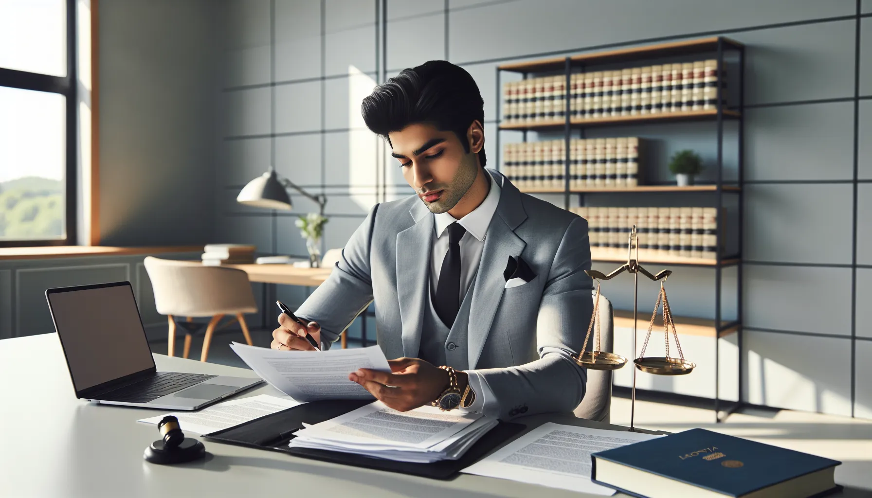 Professional reviewing legal complaint documents at modern office desk
