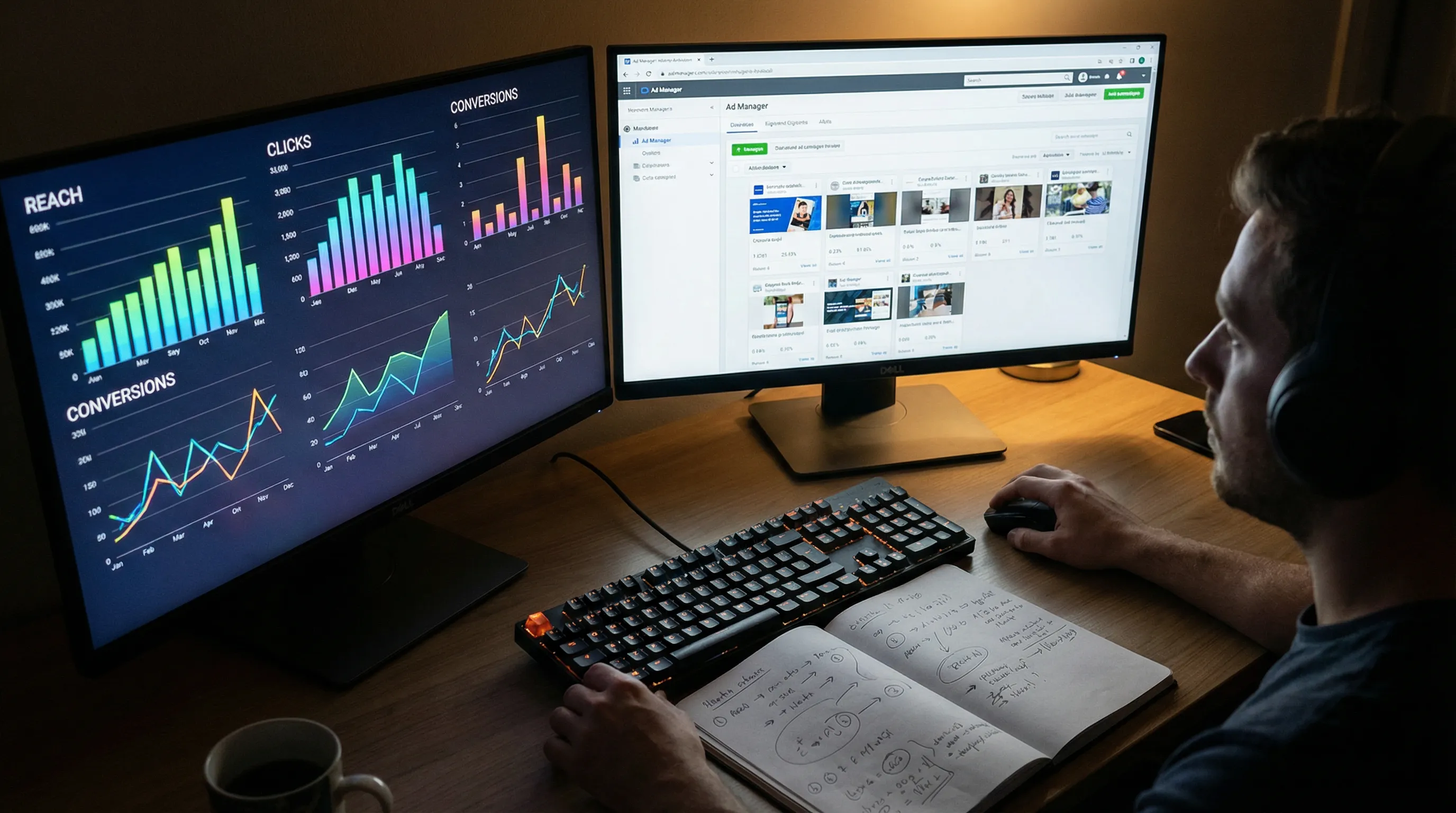 Marketer reviewing social media analytics and campaign dashboards on dual monitors, with charts of reach, clicks, and conversions visible.
