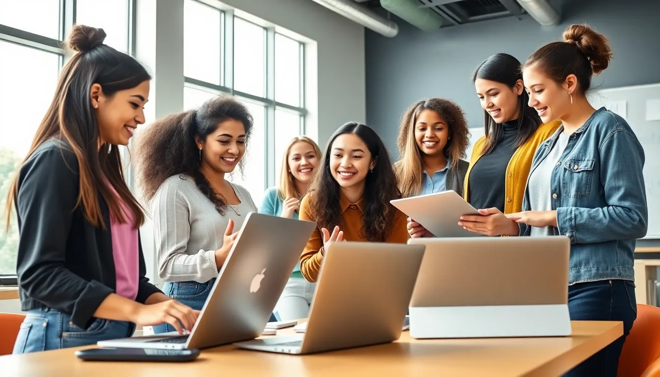 diverse group of young women collaborating in a tech workshop.