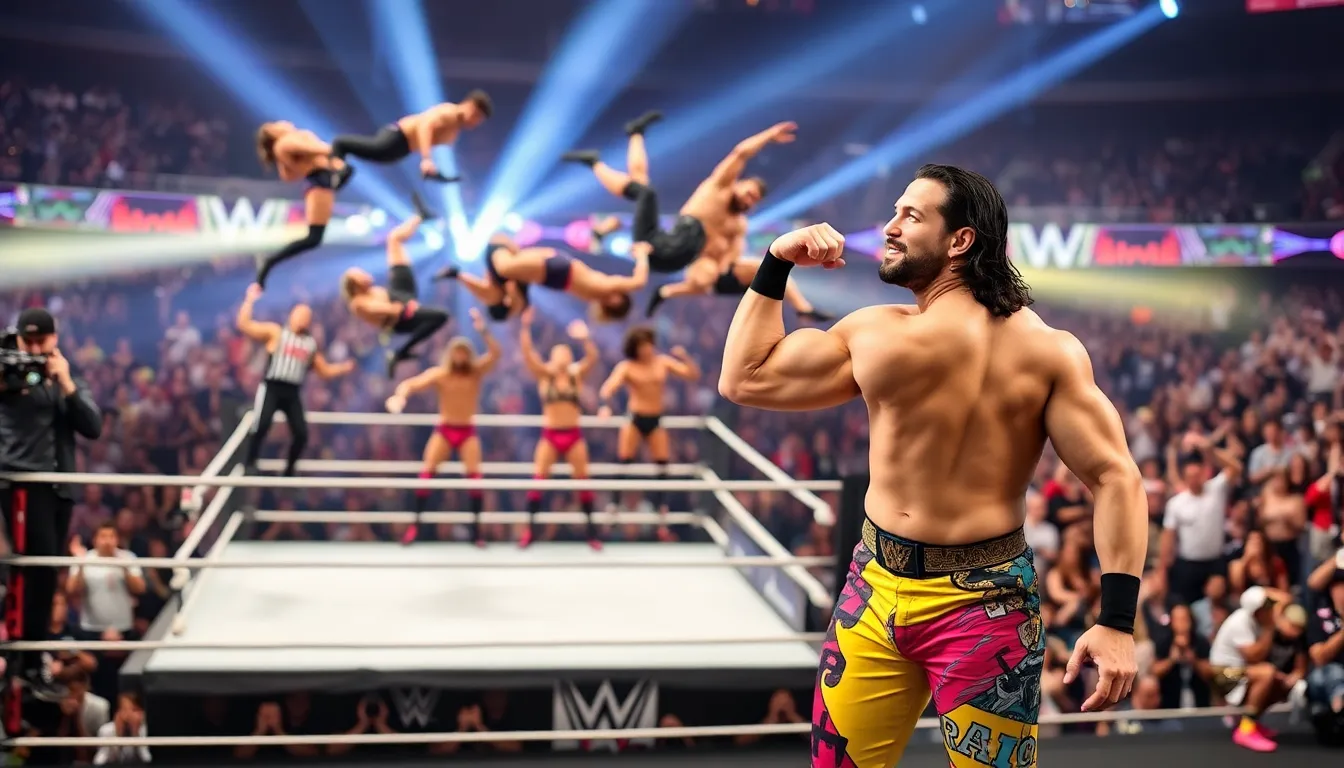 Wrestler engaging with fans in an electrifying arena setting.