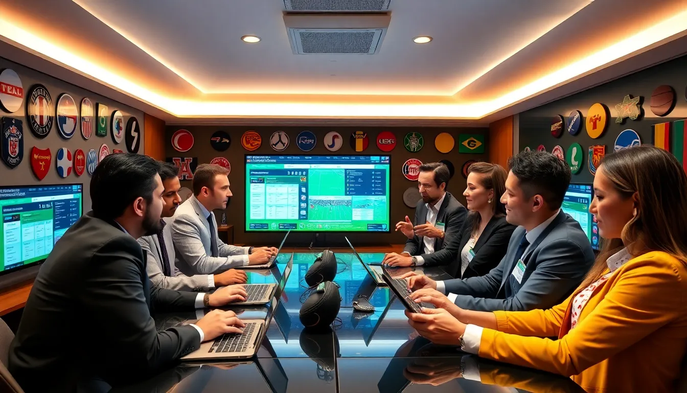 diverse group discussing sports updates in a modern digital workspace.