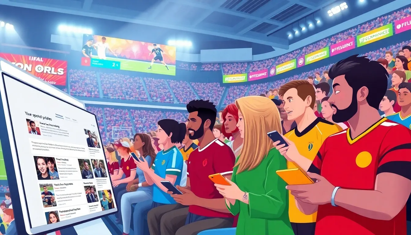 diverse fans in a virtual sports stadium discussing events.