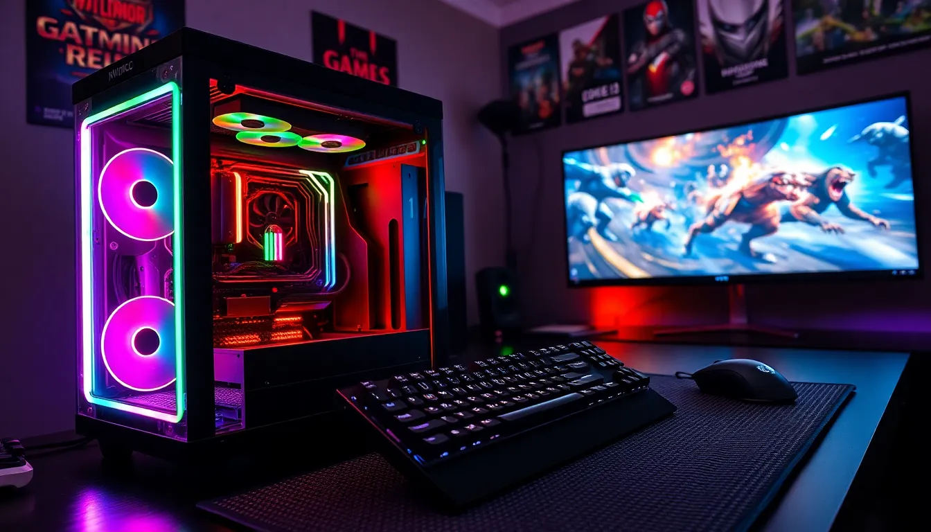 a high-performance gaming PC setup with vivid RGB lighting and gaming accessories.