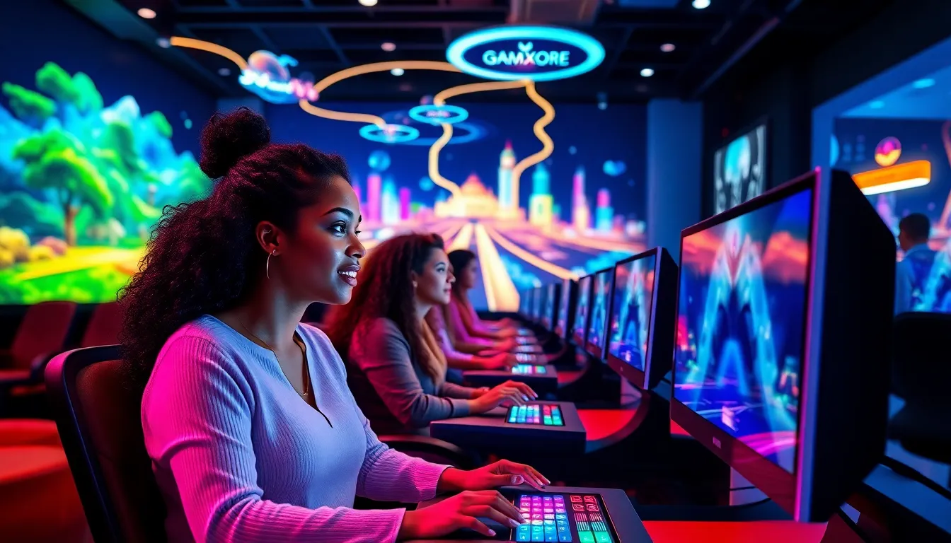 diverse group of gamers interacting with a modern gaming platform.